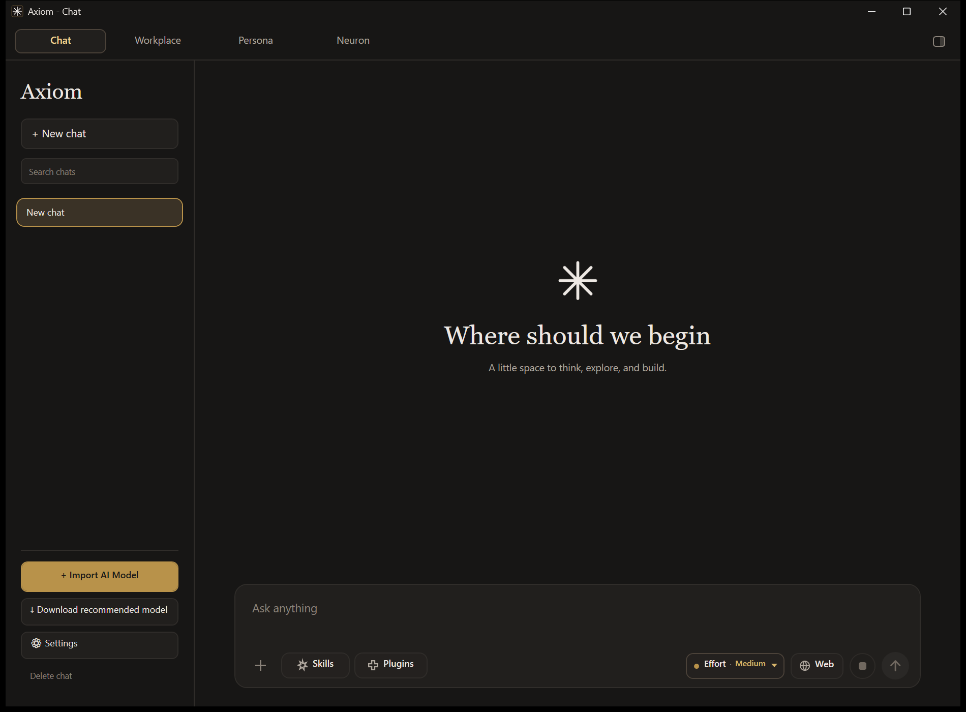 Axiom's chat window: a dark interface with a new-chat sidebar, a prompt box, and Skills, Plugins, Effort and Web controls.