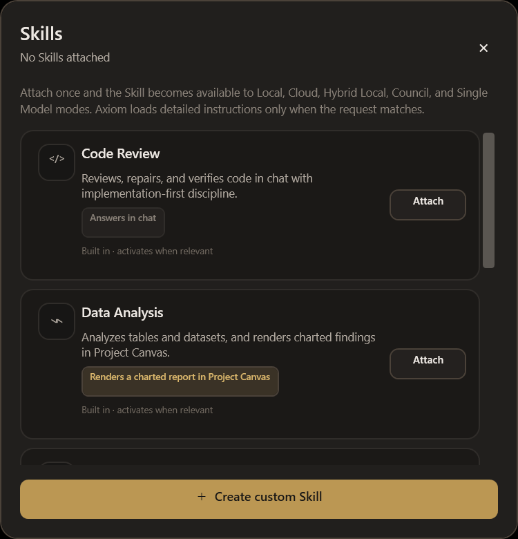 Axiom's Skills panel listing installed Skills.