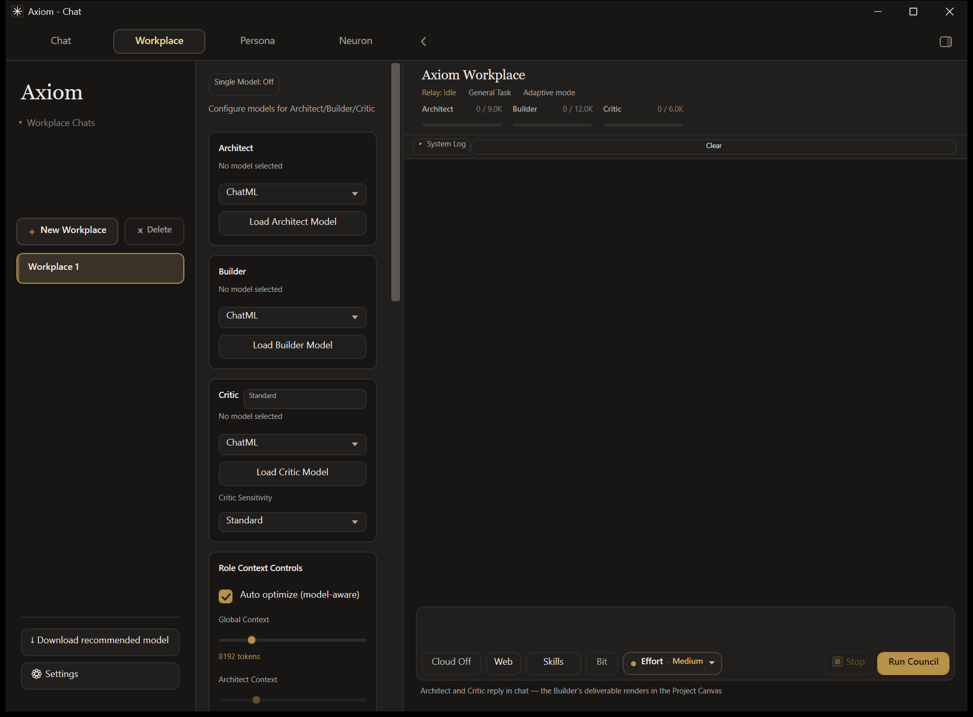 Axiom's Workplace tab, where Council or Single Model runs are set up.